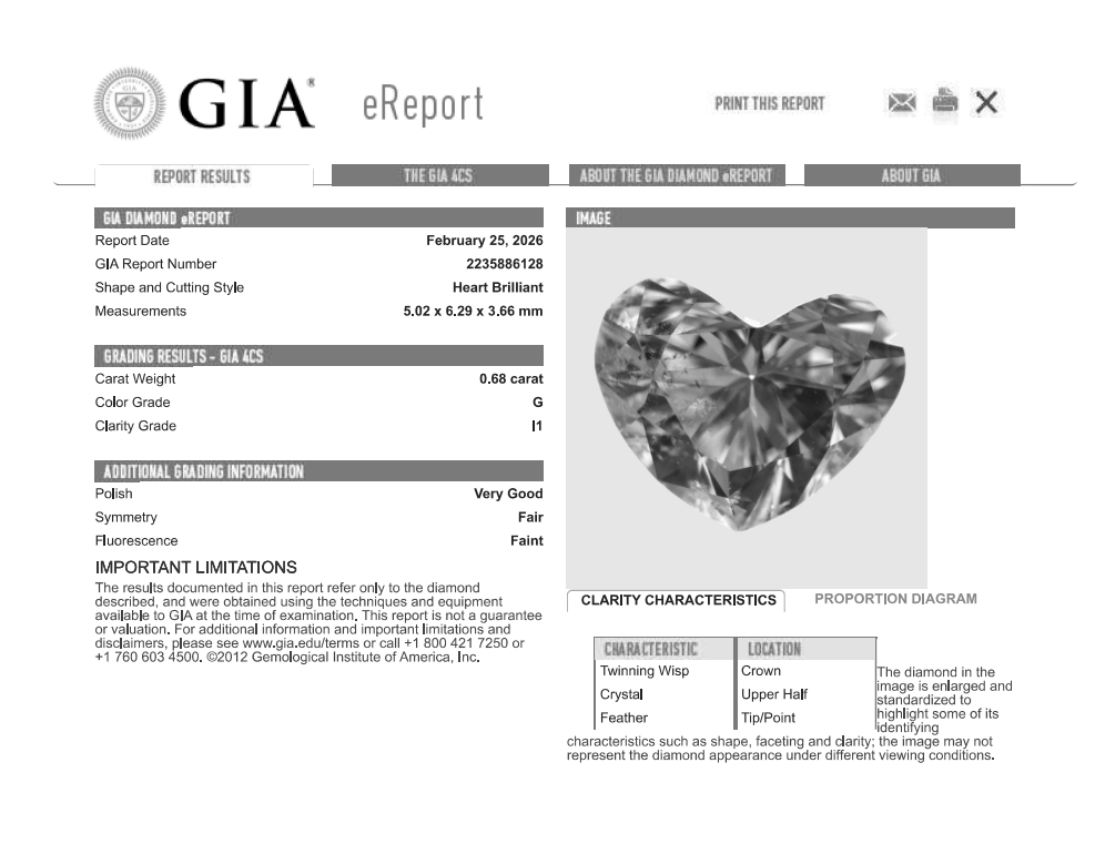 0.68 Carat Heart Shape Natural Mined Diamond G Color I1 Clarity With GIA Certificate
