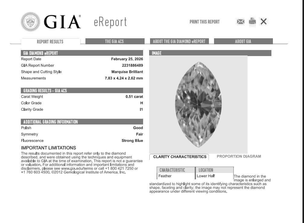 0.51 Carat Marquis Shape Natural Mined Diamond H Color I1 Clarity With GIA Certificate