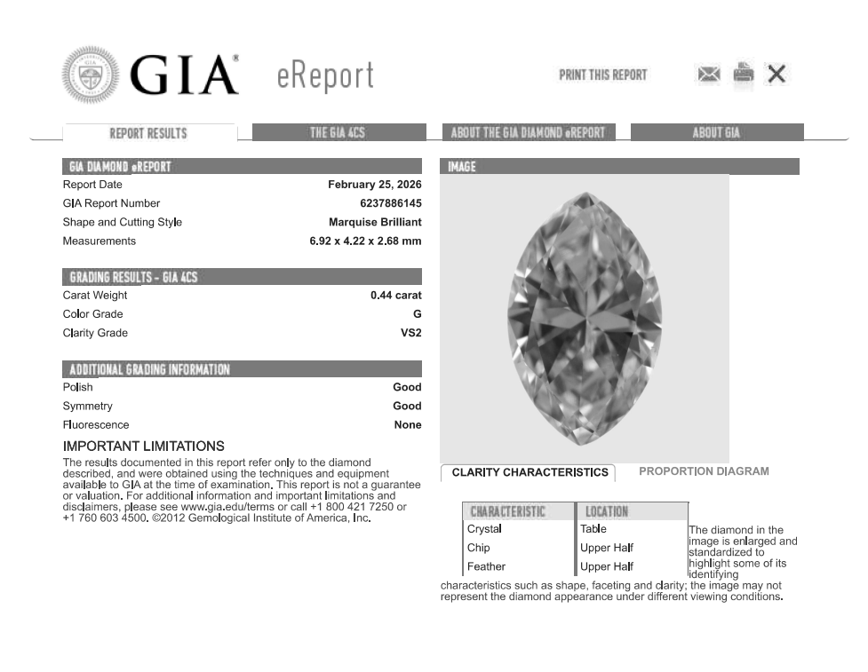 0.44 Carat Marquis Shape Natural Mined Diamond G Color VS2 Clarity With GIA Certificate