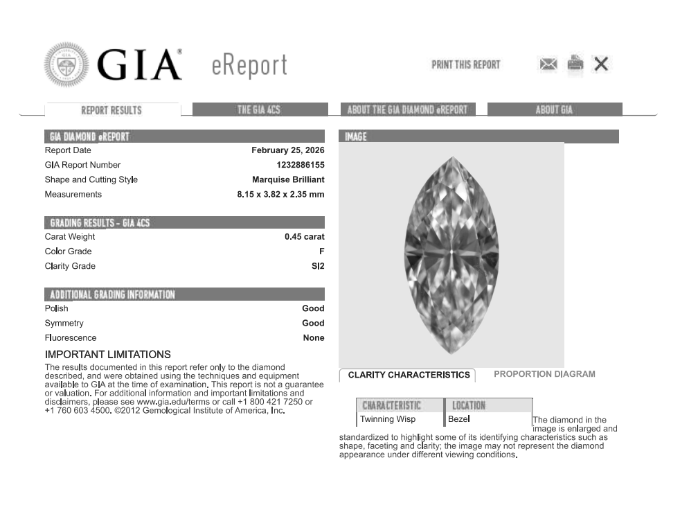 0.45 Carat Marquis Shape Natural Mined Diamond F Color SI2 Clarity With GIA Certificate