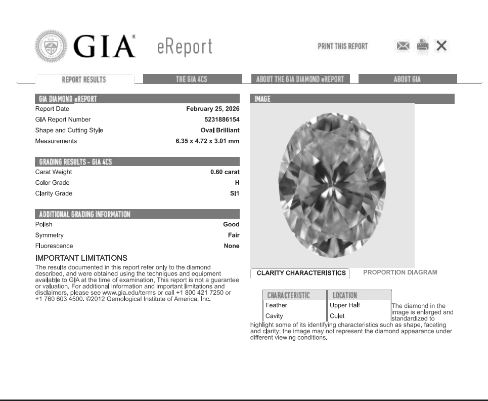 0.60 Carat Oval Shape Natural Mined Diamond H Color SI1 Clarity With GIA Certificate