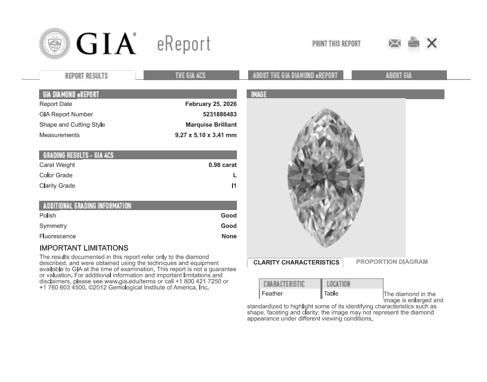 0.98 Carat Marquis Shape Natural Mined Diamond L Color I1 Clarity With GIA Certificate