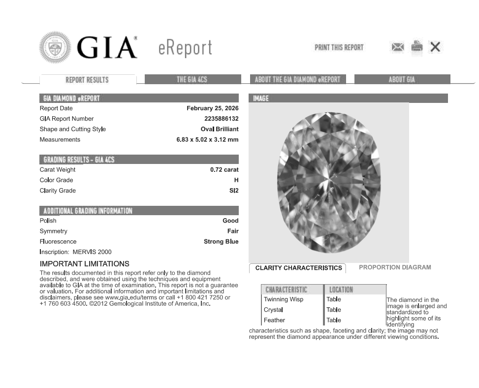 0.72 Carat Oval Shape Natural Mined Diamond H Color SI2 Clarity With GIA Certificate