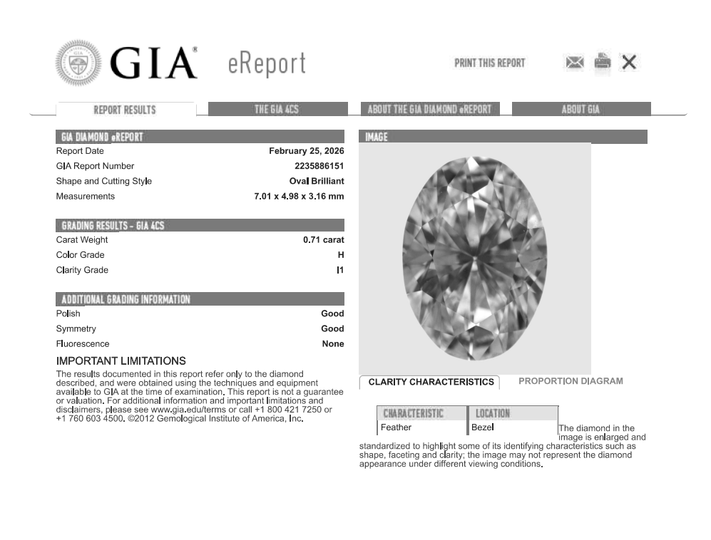 0.71 Carat Oval Shape Natural Mined Diamond H Color I1 Clarity With GIA Certificate