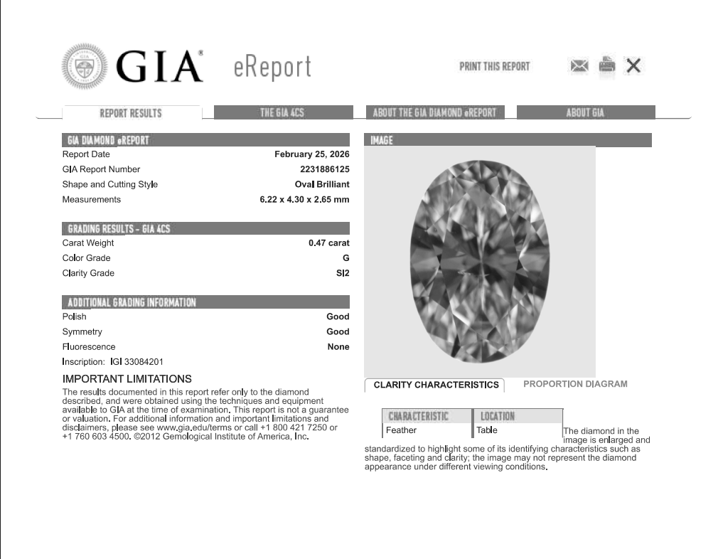 0.47 Carat Oval Shape Natural Mined Diamond G Color SI2 Clarity With GIA Certificate