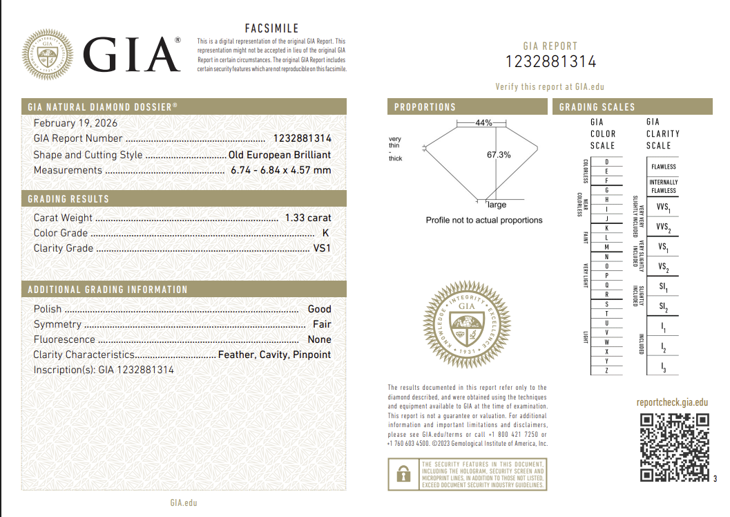 1.33 Carat Old European Cut Antique Natural Mined Diamond K Color VS1 Clarity With GIA Certificate