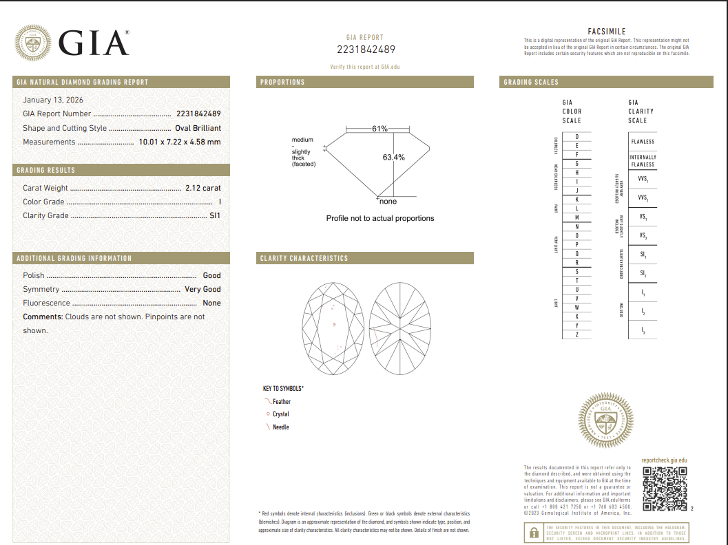 2.12 Carat Oval Shape Natural Mined Diamond I Color SI1 Clarity With GIA Certificate