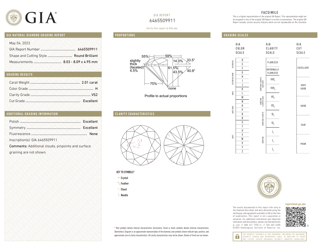2.01 Carat Round Brilliant Natural Mined Diamond H Color VS2 Clarity With GIA Certificate