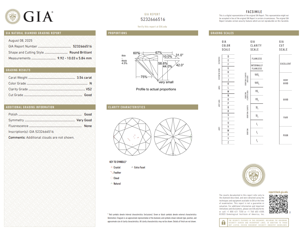 3.54 Carat Round Brilliant Natural Mined Diamond N Color VS2 Clarity With GIA Certificate