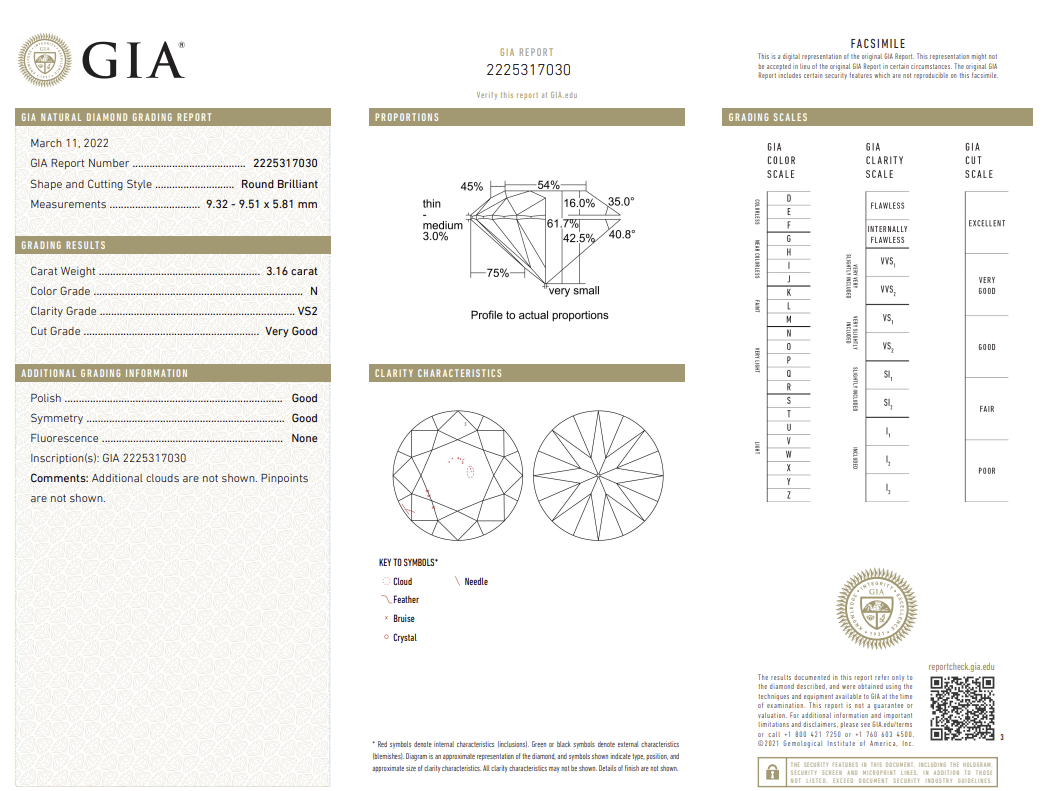 3.16 Carat Round Brilliant Natural Mined Diamond N Color VS2 Clarity With GIA Certificate