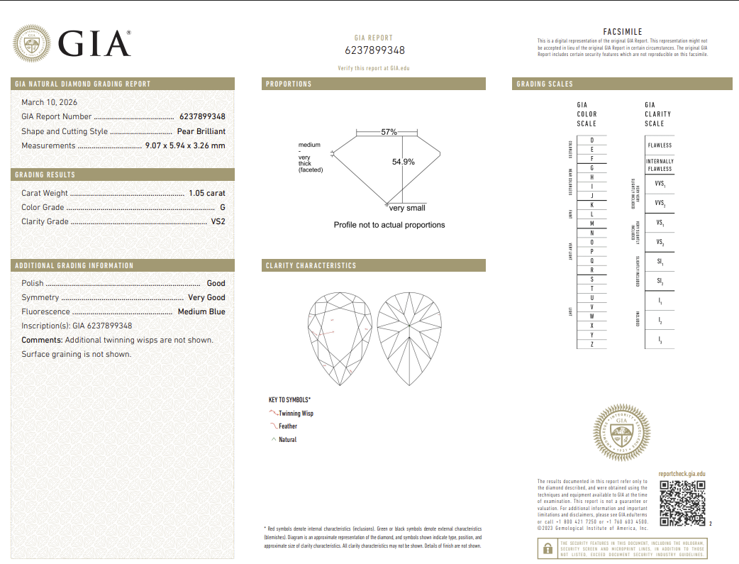 GIA Certified Loose Natural 1.05 Ct Pear Shape Diamond G-VS2
