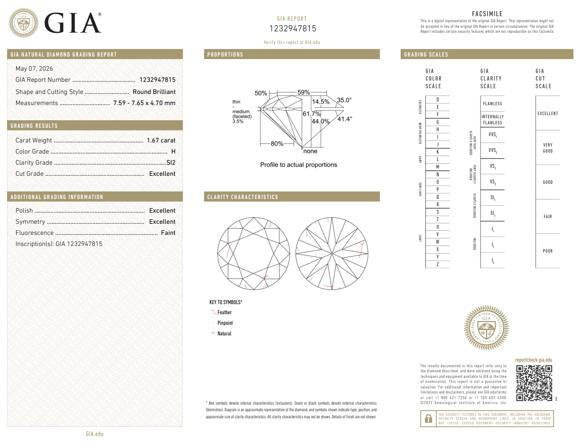 1.67 Ct Round Brilliant Diamond Natural H-SI2 Loose GIA Certified