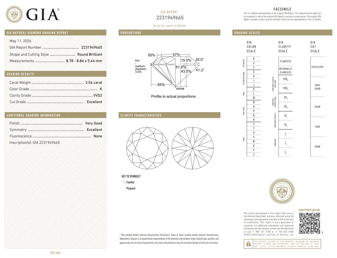 2.56 Ct Round Brilliant Diamond Loose K-VVS2 with GIA Certificate