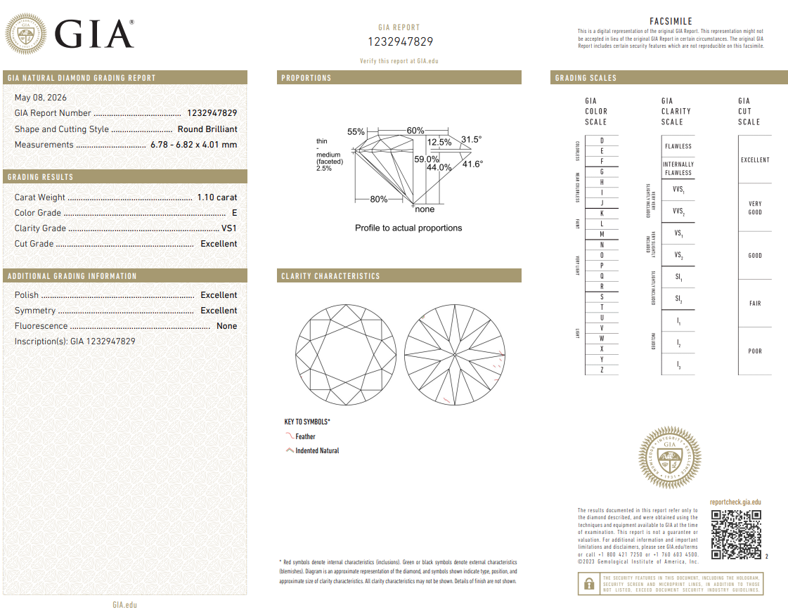 1.1 Carat Round Brilliant Diamond GIA Certified E-VS1 Natural