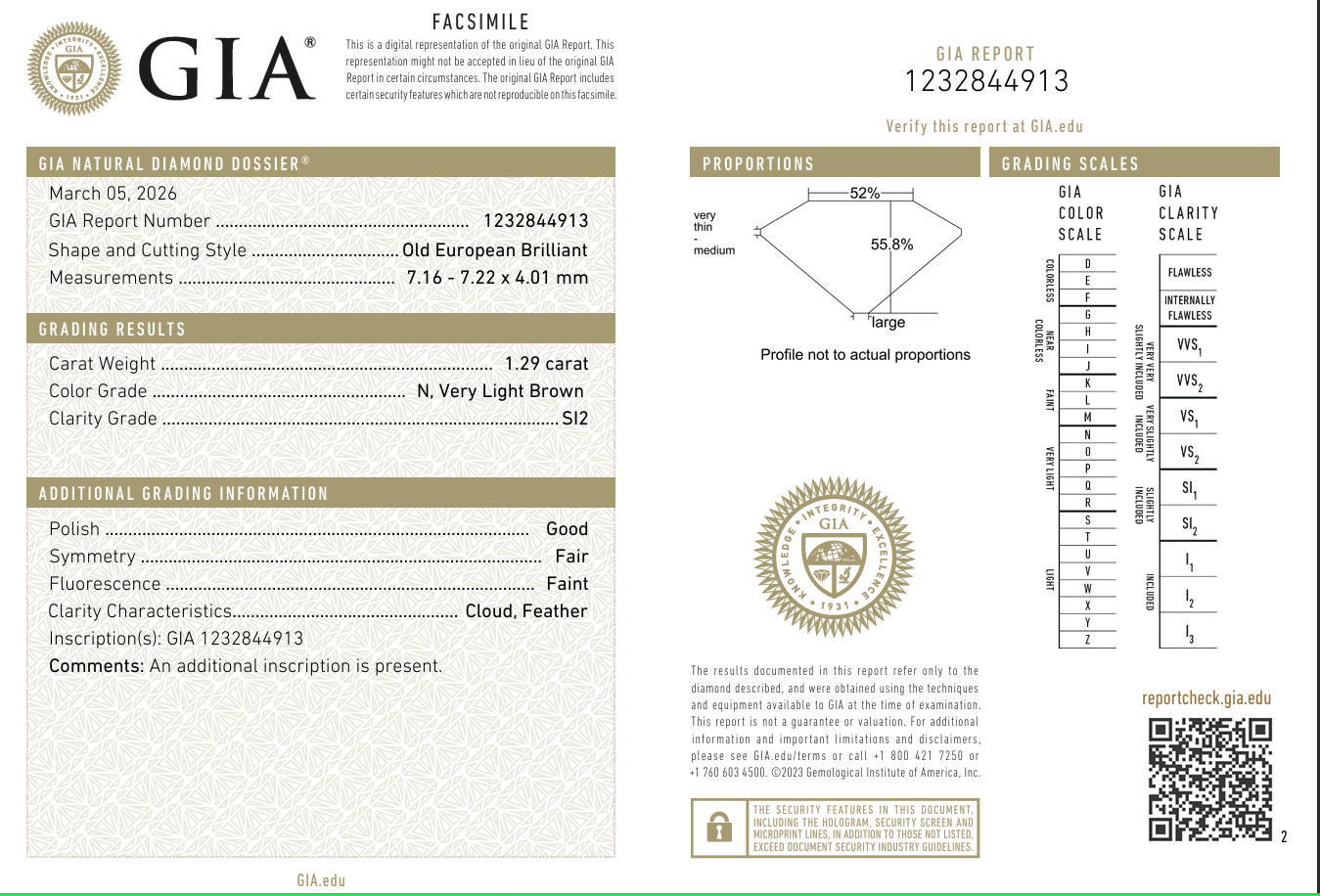 1.29 Carat Old European Cut Diamond Master Cut N-SI2 with GIA Certificate