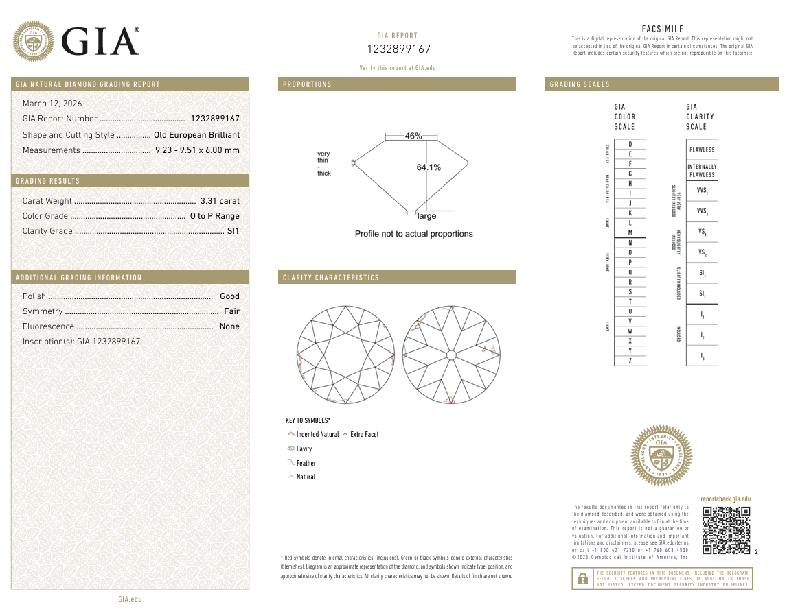 Natural Brilliant 3.31 Carat Old European Cut Diamond GIA Certified O-SI1