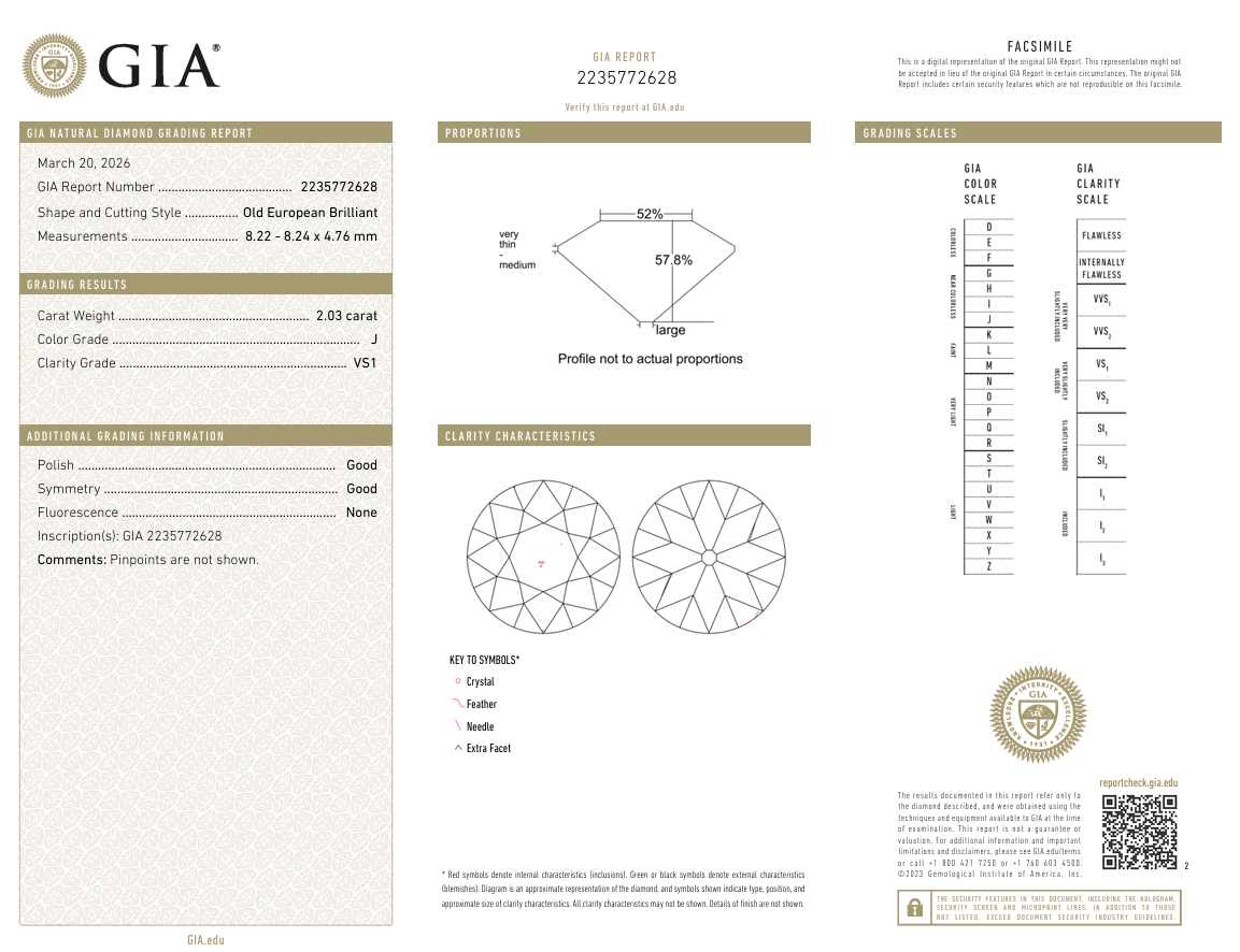 2.03 Ct Old European Cut Diamond Heritage Cut J-VS1 Brilliant GIA Certified