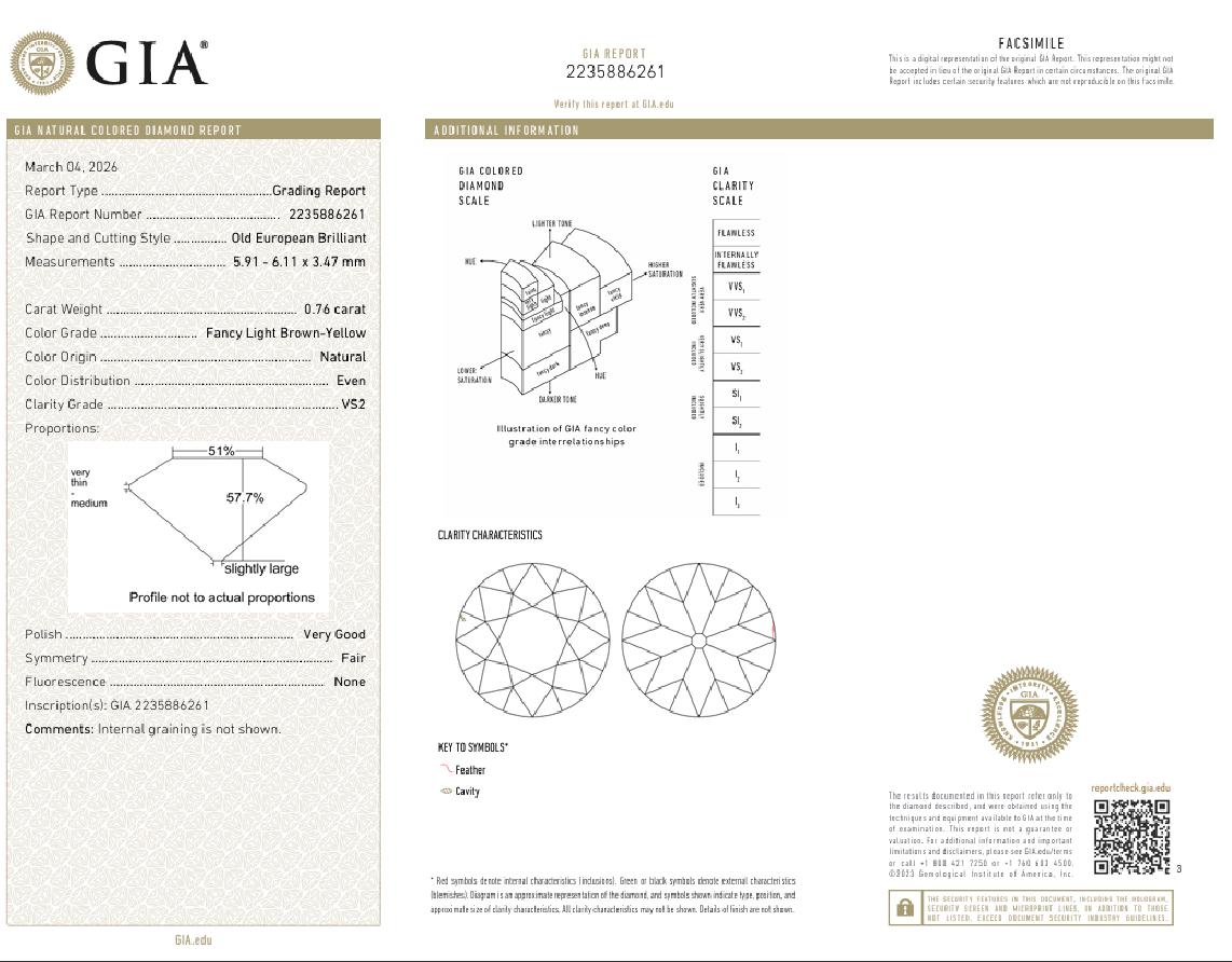 0.76 Ct Old European Cut Diamond Loose FANCY LIGHT BROWNISH YELLOW-VS2 Conflict-Free GIA Certified