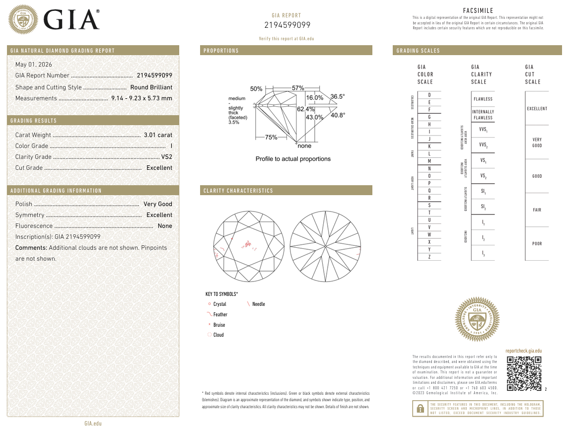 3.01 Carat Round Brilliant Diamond I-VS2 Natural Loose GIA Certified