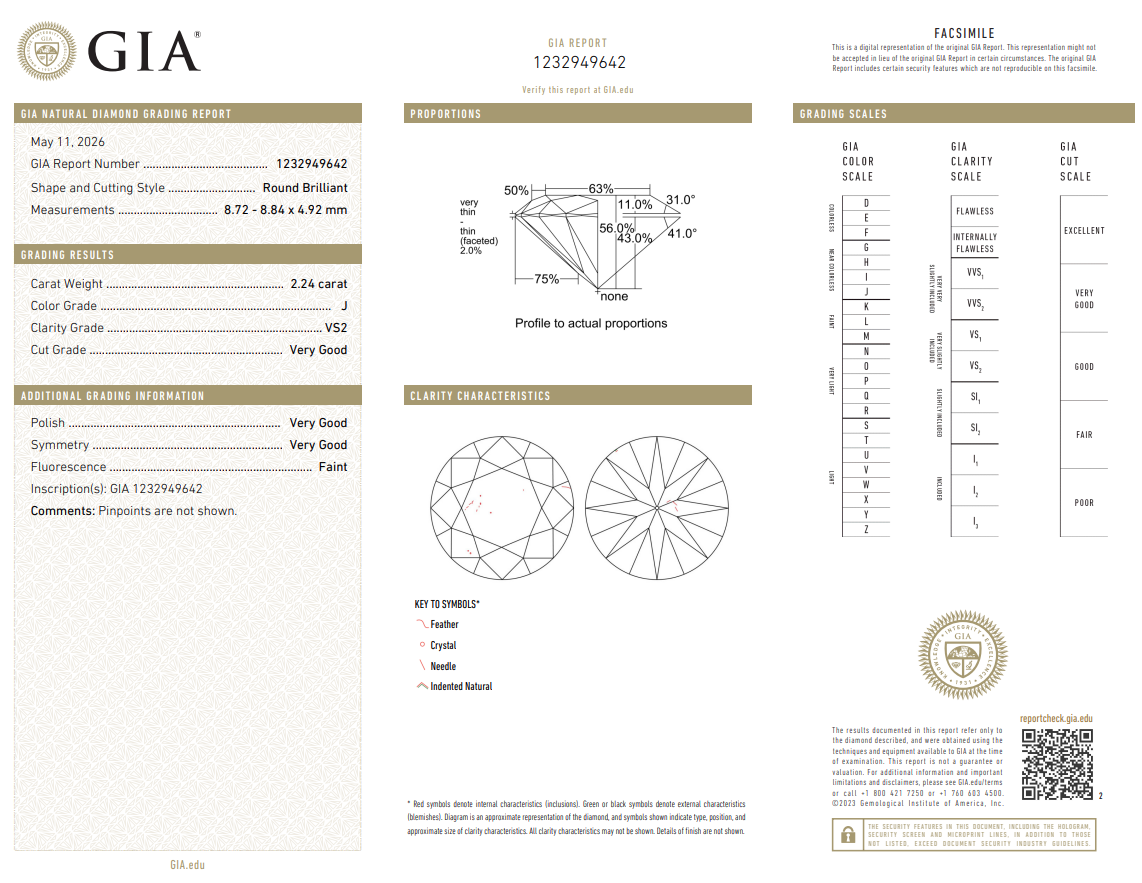 GIA Certified Natural Loose 2.24 Ct Round Brilliant Diamond J-VS2