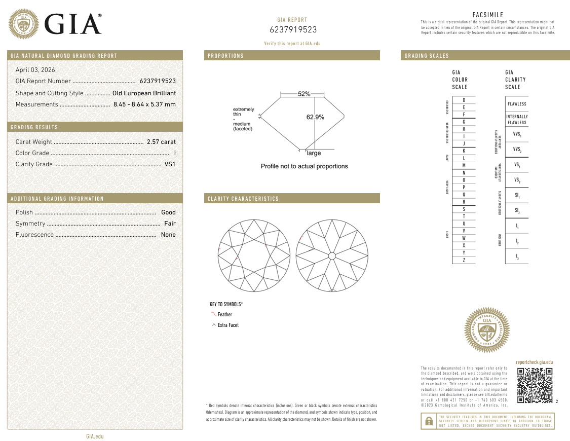 GIA Certified 2.57 Carat Old European Cut Diamond Early Cut I-VS1 Heirloom