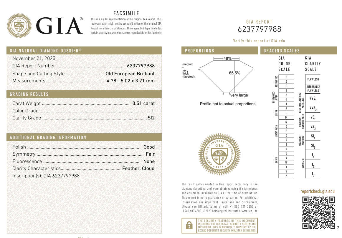 Loose 0.51 Carat Old European Cut Diamond I-SI2 with GIA Certificate