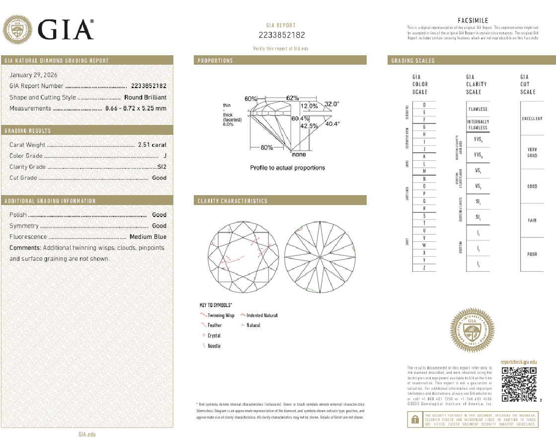 Loose Natural 2.51 Carat Round Brilliant Diamond GIA Certified J-SI2