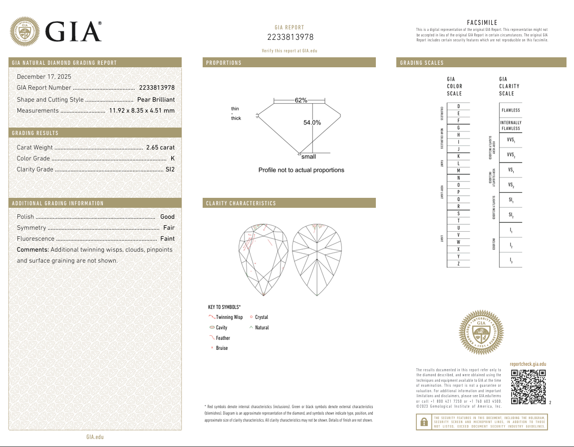 2.65 Carat Pear Shape Diamond Natural K-SI2 with GIA Certificate