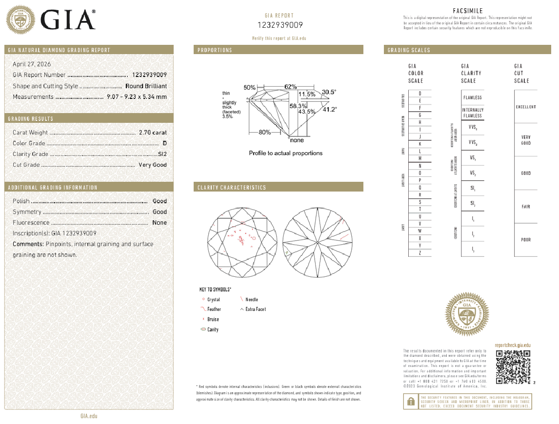 2.7 Carat Round Brilliant Diamond Loose D-SI2 Natural GIA Certified