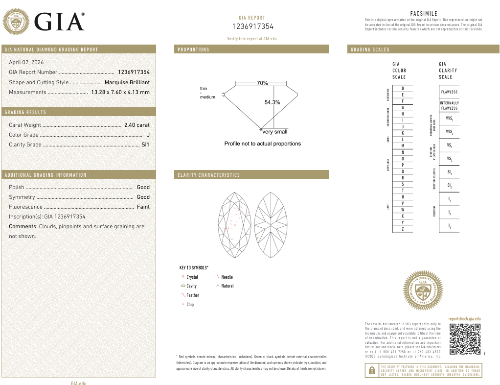 2.4 Carat Marquis Shape Diamond GIA Certified J-SI1 Natural