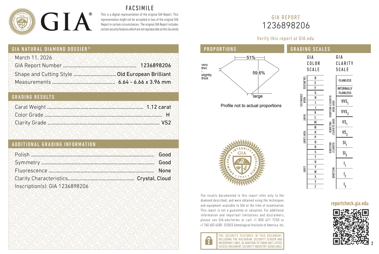 GIA Certified Heirloom Natural 1.12 Ct Old European Cut Diamond H-VS2