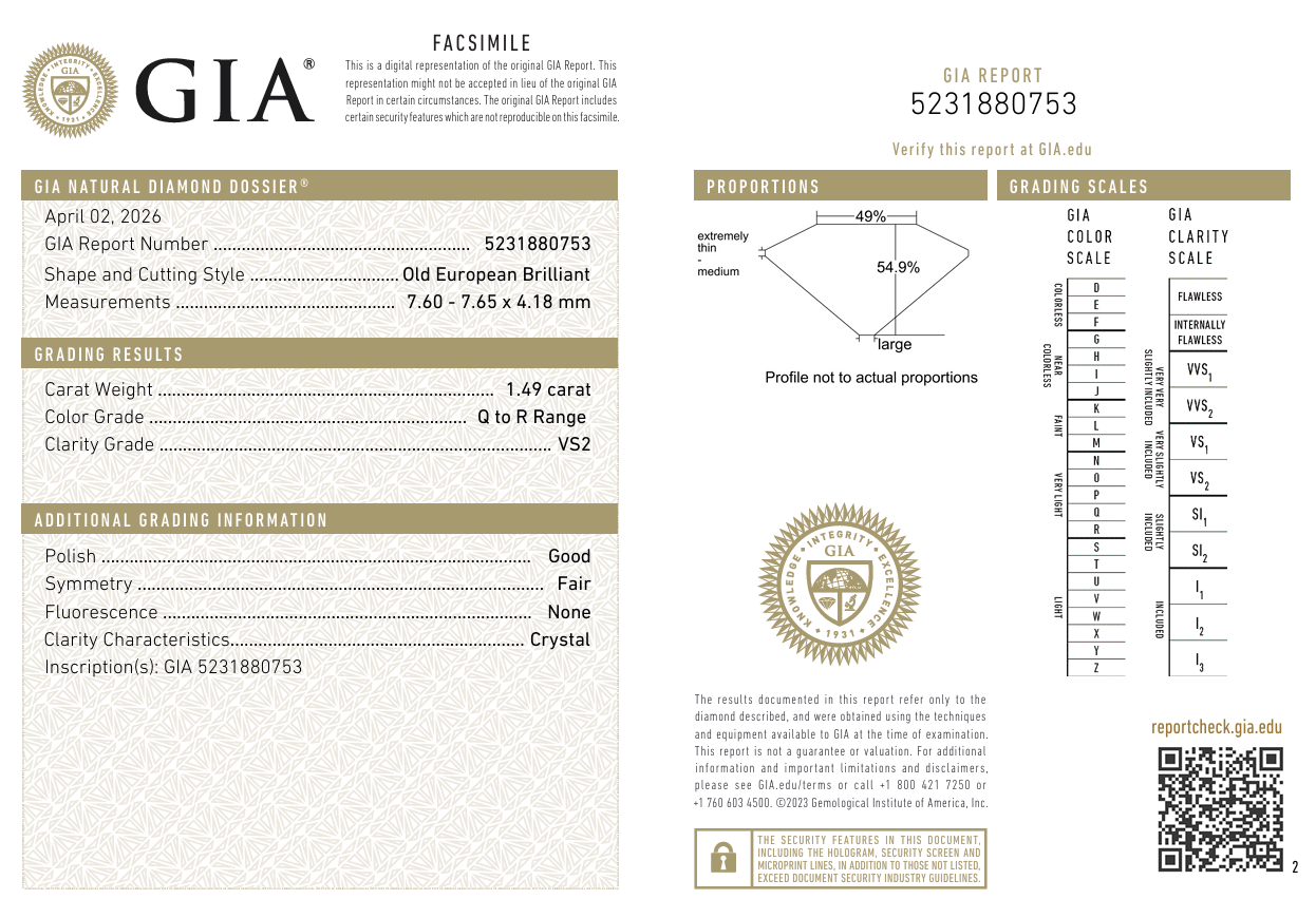 GIA Certified 1.49 Carat Old European Cut Diamond Ring Stone Q-VS2 Loose