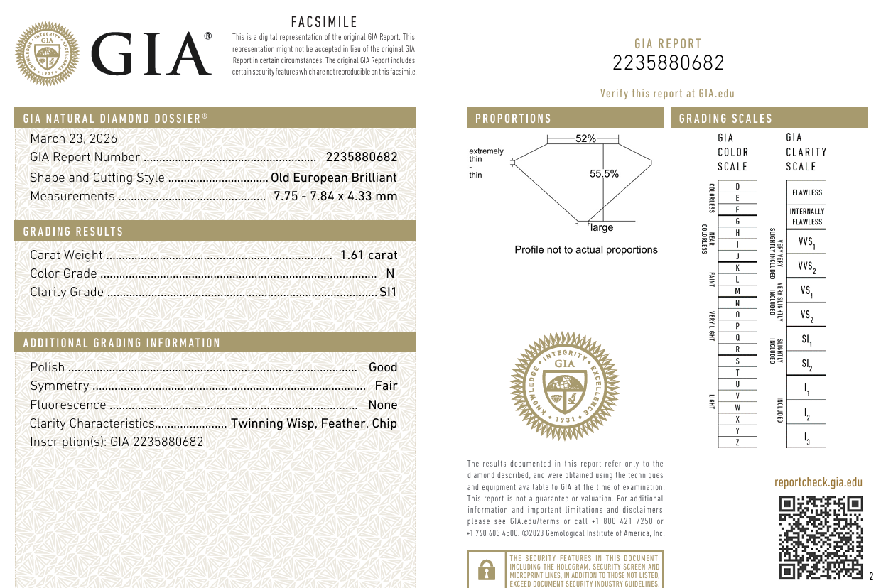 GIA Certified 1.61 Ct Old European Cut Diamond Exceptional N-SI1 Loose