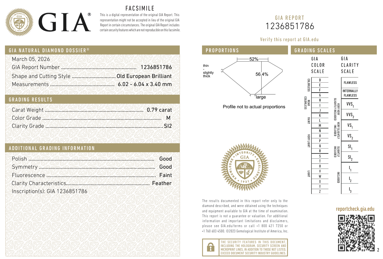 GIA Certified 0.79 Carat Old European Cut Diamond Natural M-SI2 Untreated