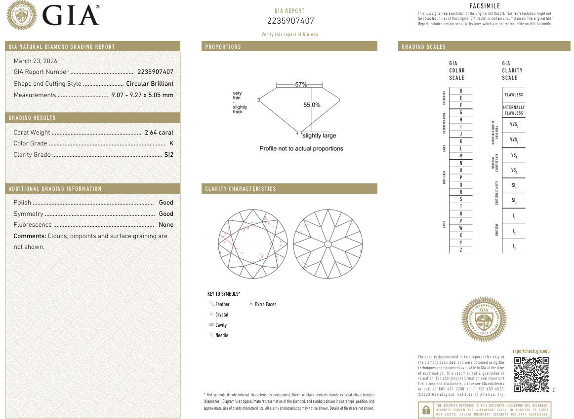 2.64 Carat Old European Cut Diamond K-SI2 Natural Loose GIA Engagement