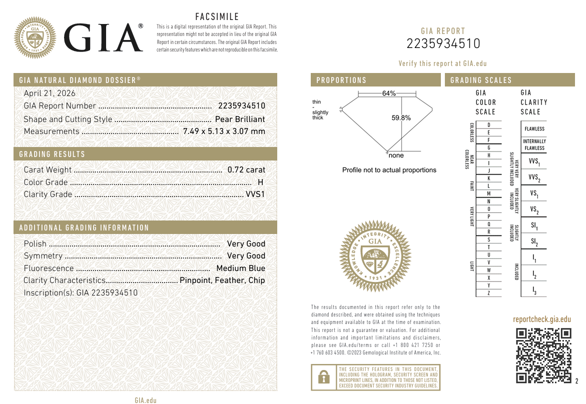 GIA Certified Loose Natural 0.72 Ct Pear Shape Diamond H-VVS1