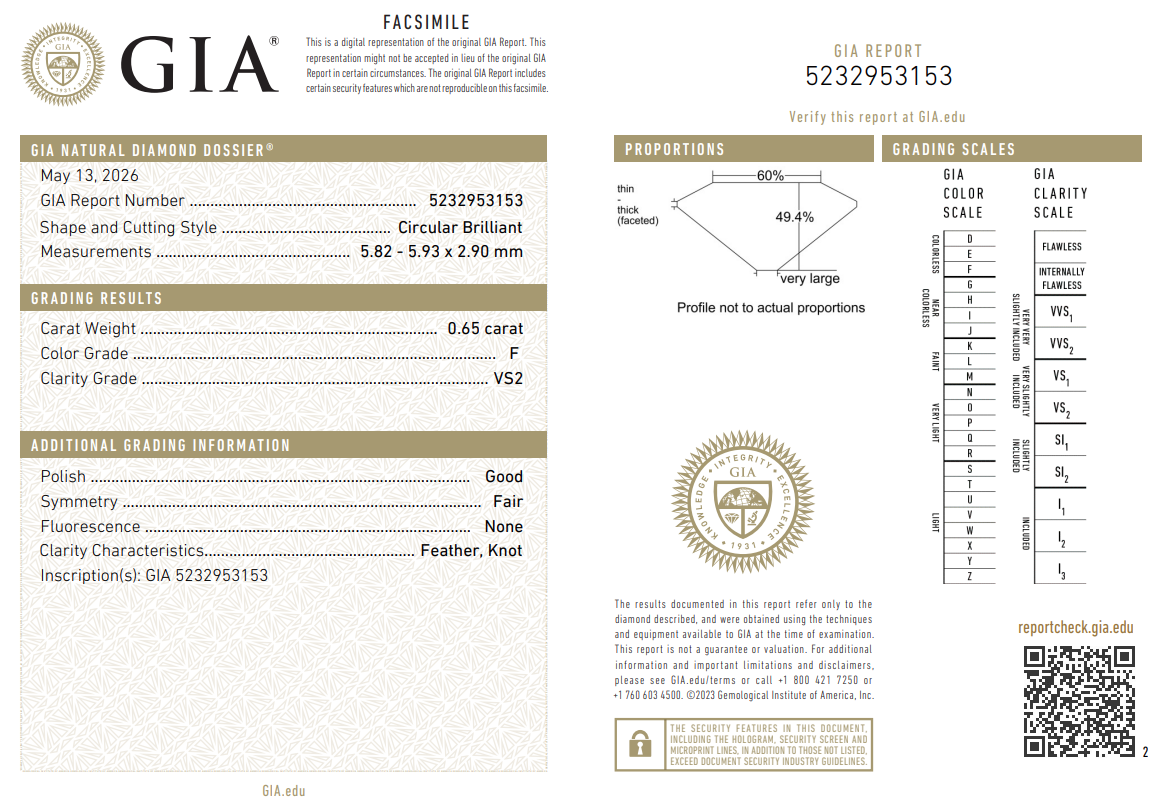 GIA Certified Loose 0.65 Carat Old European Cut Diamond Natural F-VS2