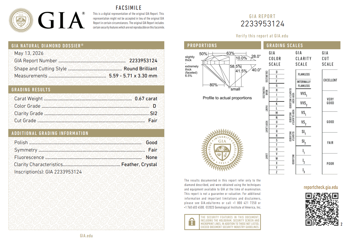 Natural Loose 0.67 Carat Round Brilliant Diamond GIA Certified D-SI2