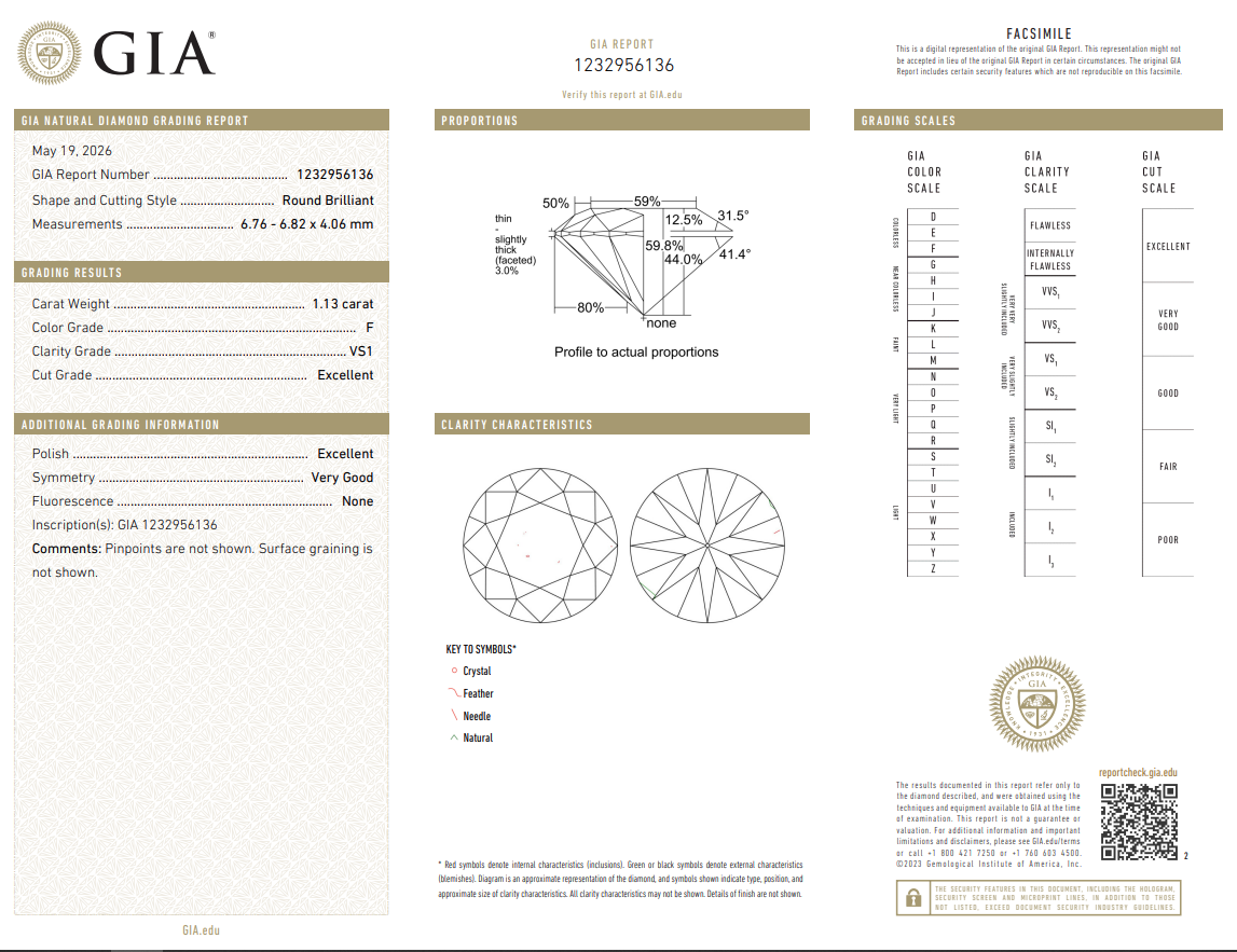 1.13 Carat Round Brilliant Diamond F-VS1 Loose Natural GIA Certified