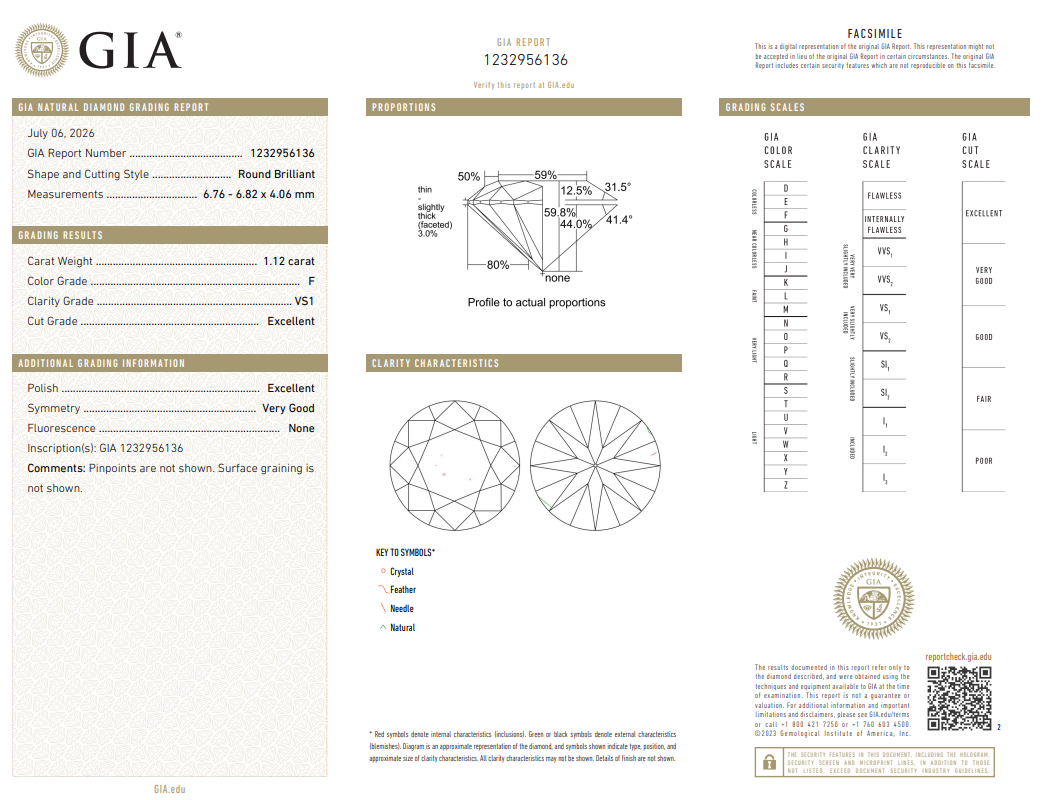 1.12 Carat Round Brilliant Diamond F-VS1 Natural GIA Loose