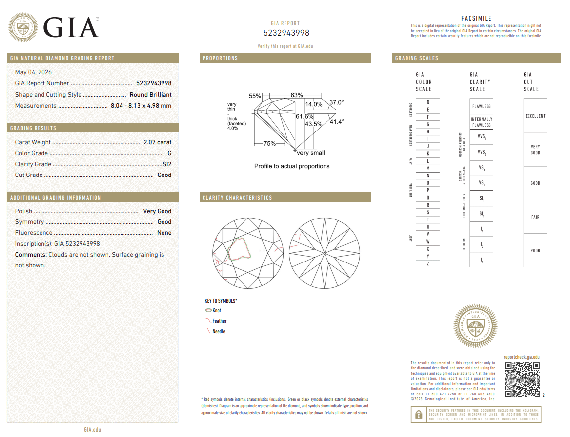Natural 2.07 Ct Round Brilliant Diamond G-SI2 with GIA Certificate