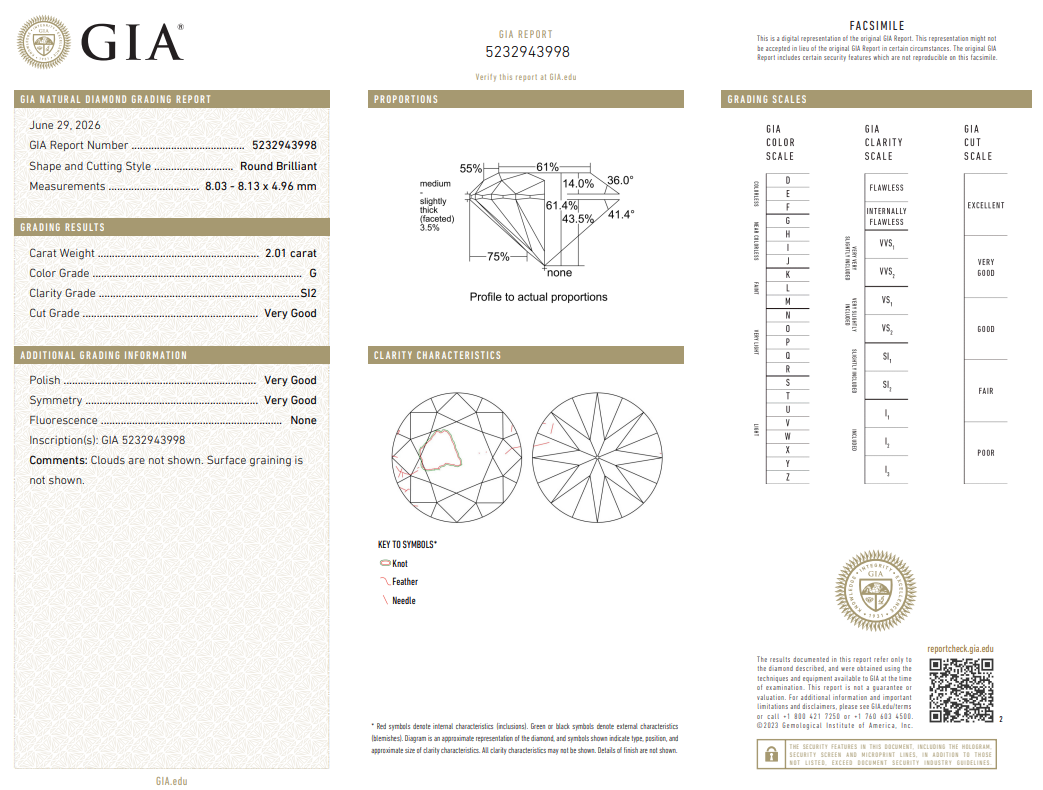 2.01 Ct Round Brilliant Diamond Natural Loose G-SI2 GIA