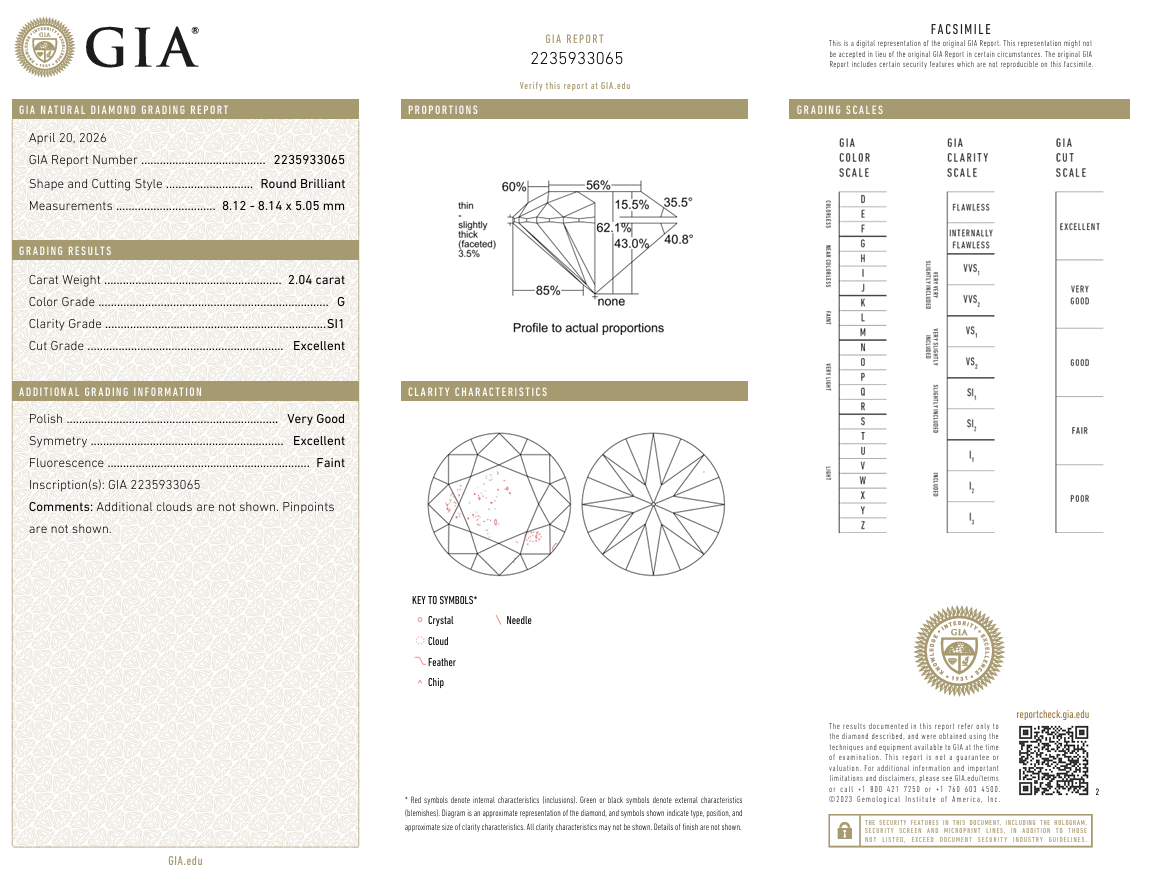 2.04 Carat Round Brilliant Diamond G-SI1 Natural Loose GIA