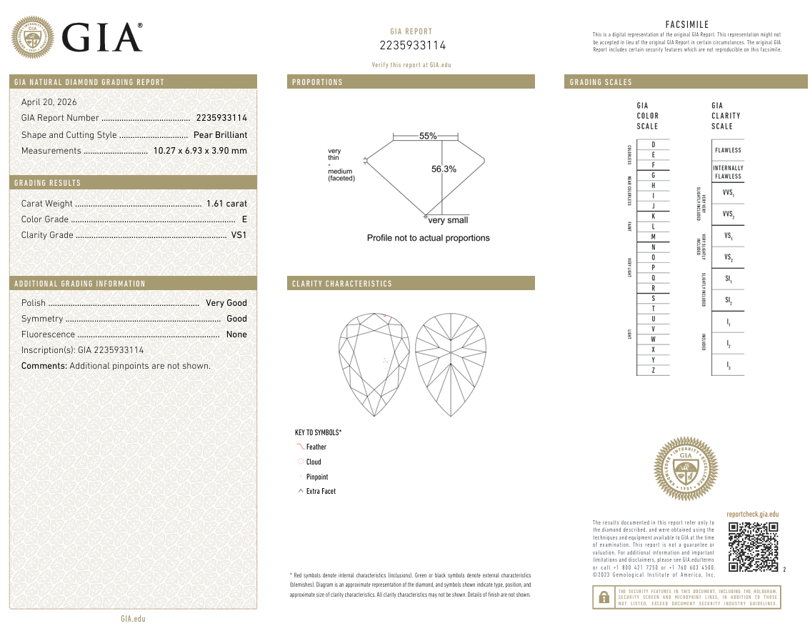 Natural Loose 1.61 Ct Pear Shape Diamond GIA Certified E-VS1