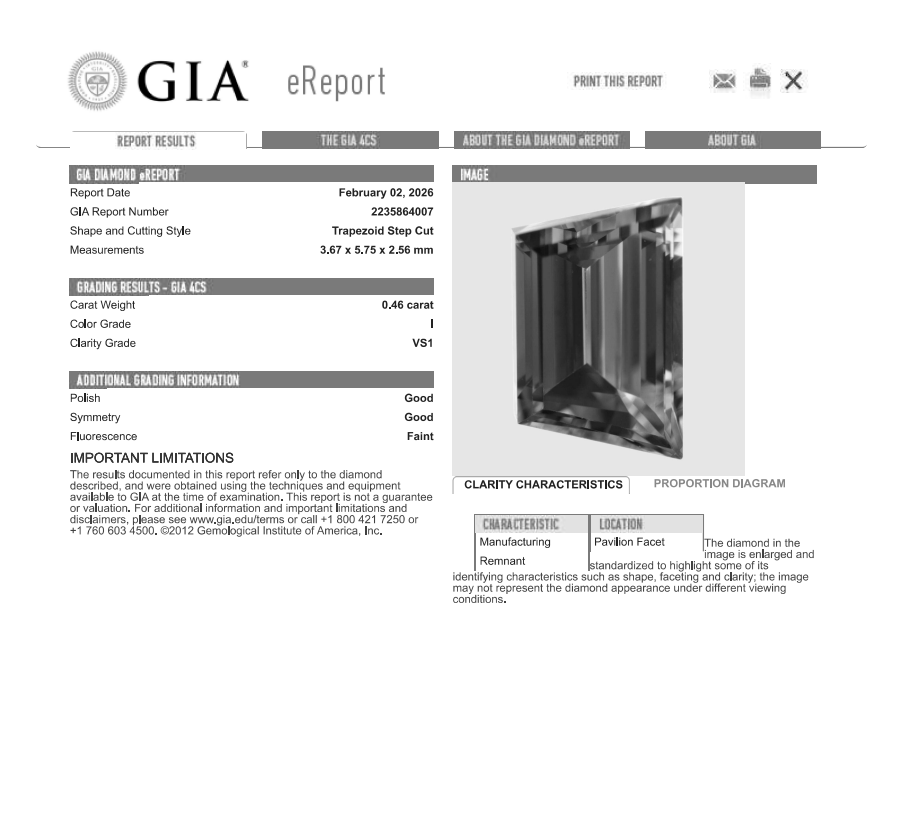 0.46 Carat Trapezoid Shape Natural Mined Diamond I Color VS1 Clarity With GIA Certificate
