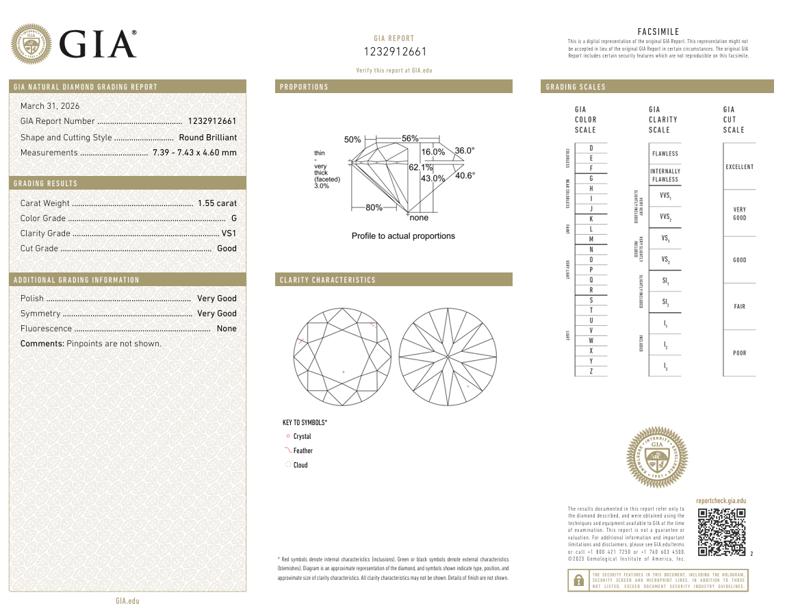 GIA Certified Loose Natural 1.55 Ct Round Brilliant Diamond G-VS1