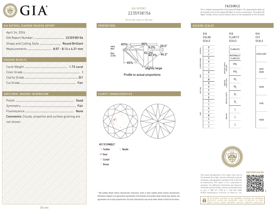 GIA Certified Engagement 1.73 Carat Old European Cut Diamond Natural I-SI1