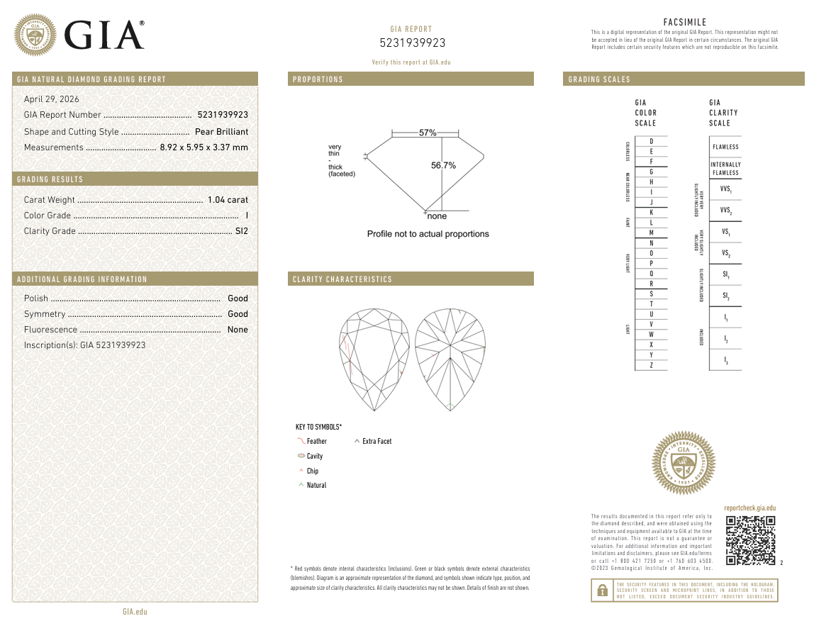 1.04 Ct Pear Shape Diamond I-SI2 Natural Loose GIA Certified
