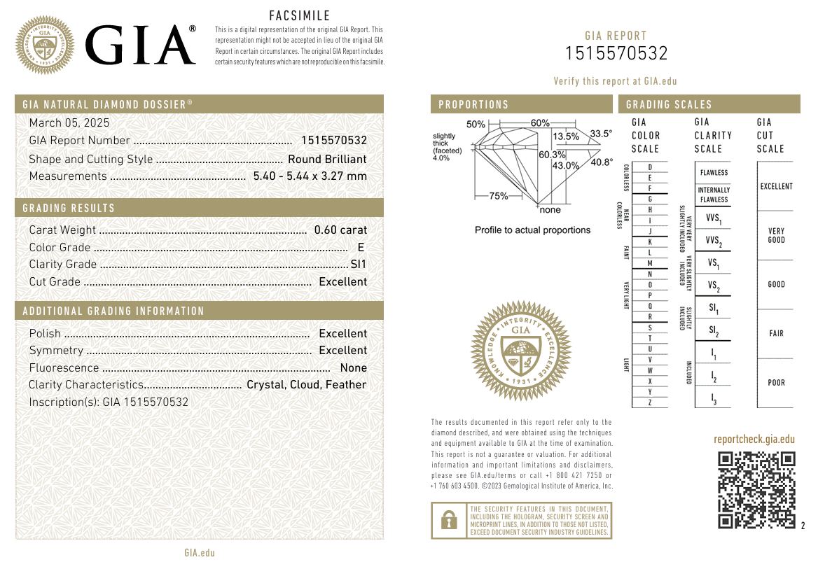 GIA Certified 0.6 Carat Round Brilliant Diamond E-SI1 Natural Loose