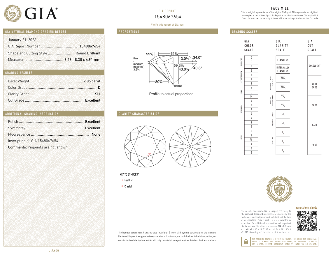 2.05 Carat Round Brilliant Diamond Loose Natural D-SI1 GIA